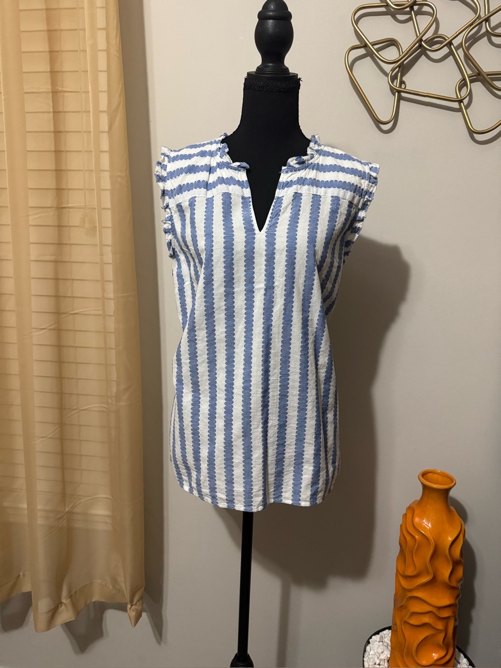 Talbots Blue and White Vertical Stripe Split-Neck Shell